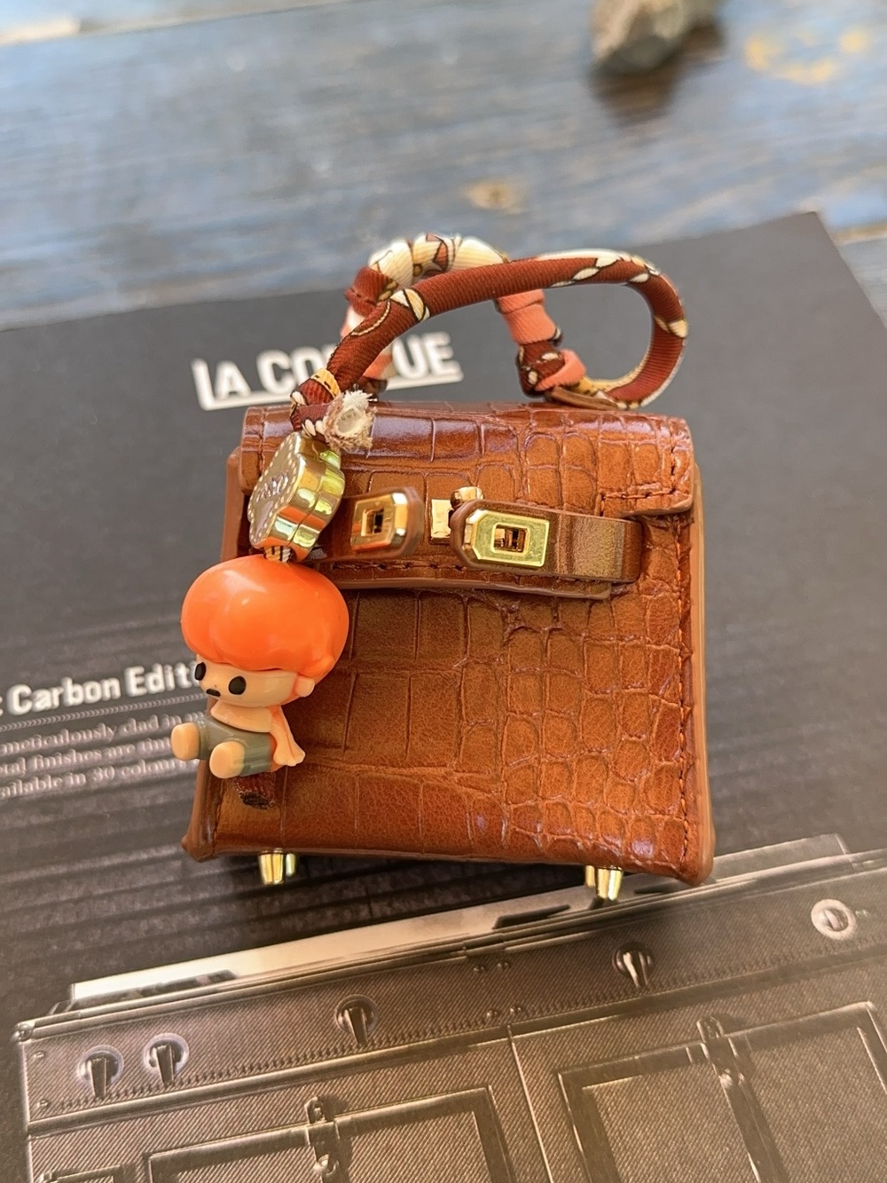 Mini Croc-Embossed birkin Top-Handle Bag Charm in Brown with Orange character